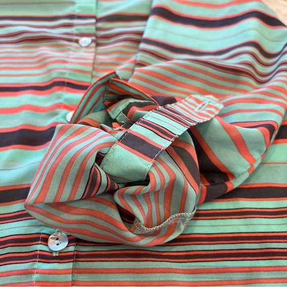 VINTAGE Daniel Rainn | Sheer Tie Front Blouse‎ | Mint & Orange Stripes | Medium - Picture 7 of 11
